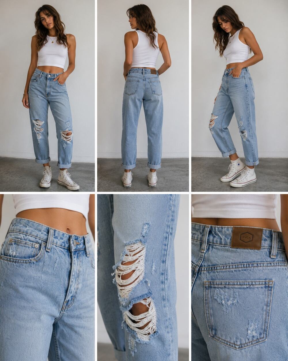 RVCA Piper Distressed Mom Jeans Women's Size 25 Light Wash High Rise Cropped